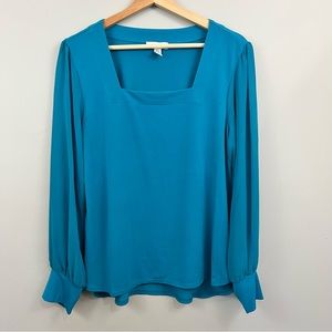 Calvin Klein Teal Square-Neck Blouse with Sheer Sleeves | Medium